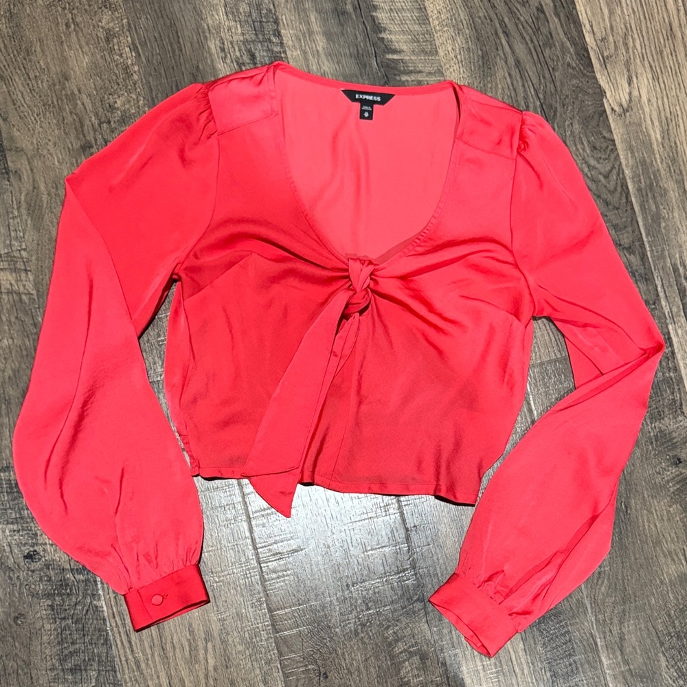 Express Vibrant Satin Coral Cropped Blouse with Knot Detail